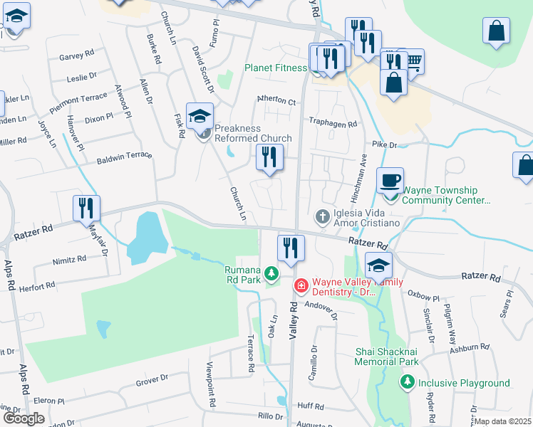 map of restaurants, bars, coffee shops, grocery stores, and more near 101 Manchester Court in Wayne