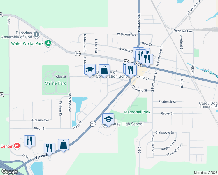 map of restaurants, bars, coffee shops, grocery stores, and more near 401 West Street in Carey