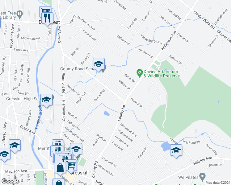 map of restaurants, bars, coffee shops, grocery stores, and more near 90 County Road in Demarest