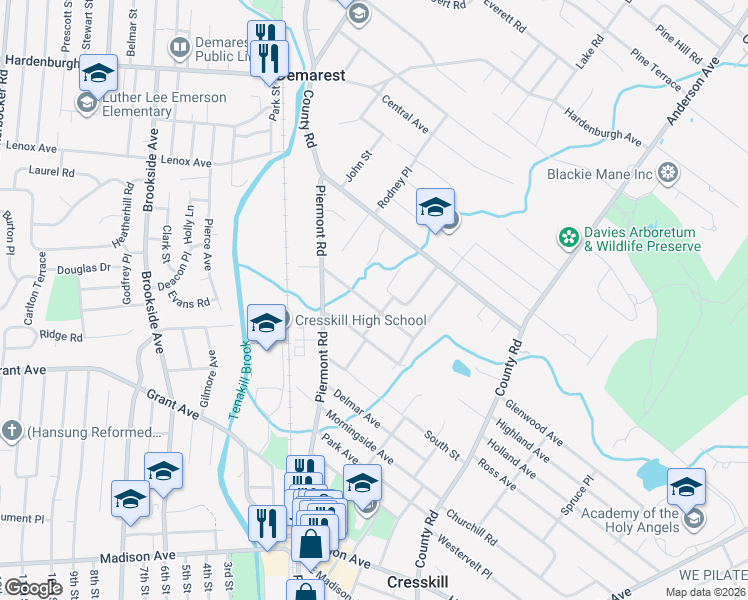 map of restaurants, bars, coffee shops, grocery stores, and more near 28 Meadow Street in Demarest