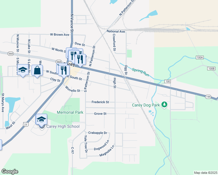 map of restaurants, bars, coffee shops, grocery stores, and more near 357 East South Street in Carey