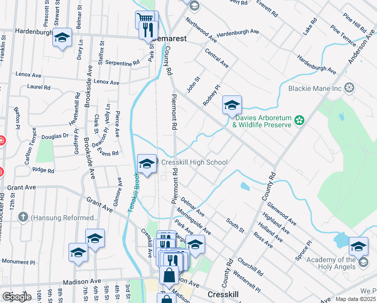 map of restaurants, bars, coffee shops, grocery stores, and more near 17 Meadow St in Demarest