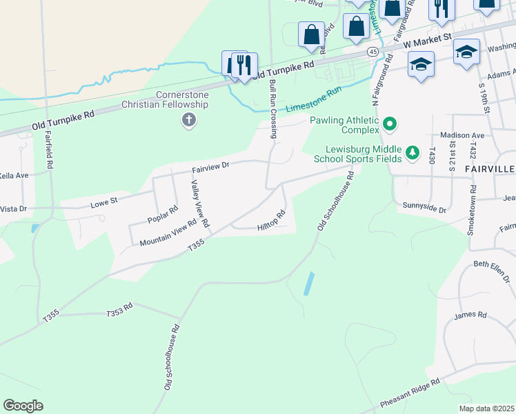map of restaurants, bars, coffee shops, grocery stores, and more near 2772 Smoketown Road in Lewisburg
