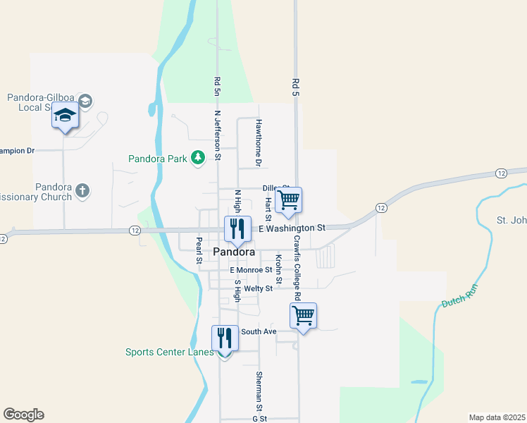 map of restaurants, bars, coffee shops, grocery stores, and more near 203 Hart Street in Pandora