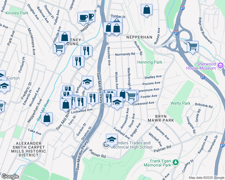 map of restaurants, bars, coffee shops, grocery stores, and more near 52 Rossiter Avenue in Yonkers