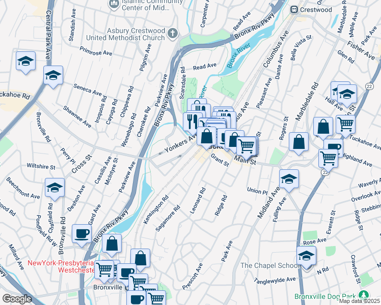 map of restaurants, bars, coffee shops, grocery stores, and more near 68 Lake Avenue in Tuckahoe