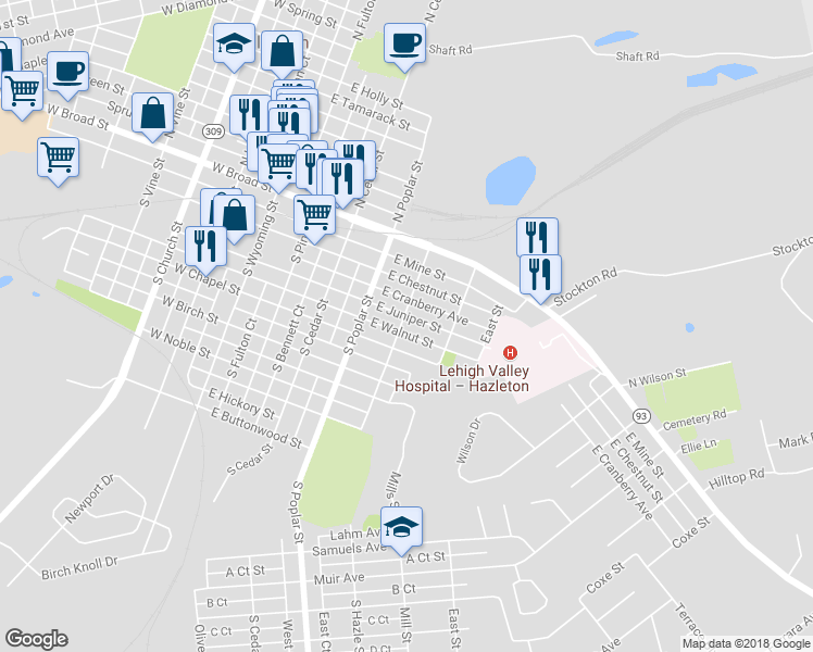 map of restaurants, bars, coffee shops, grocery stores, and more near 413 E Walnut St in Hazleton