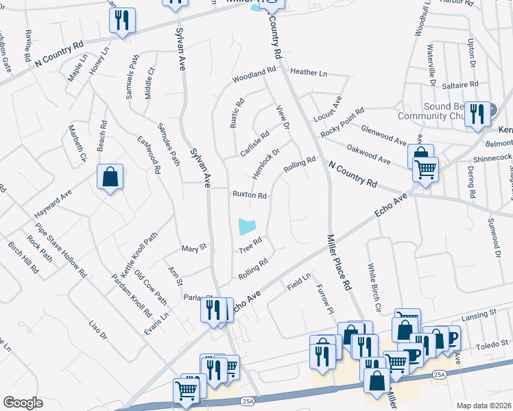 map of restaurants, bars, coffee shops, grocery stores, and more near 26 Hemlock Drive in Miller Place