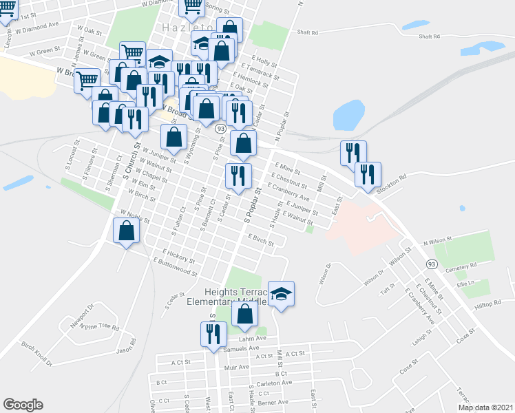 map of restaurants, bars, coffee shops, grocery stores, and more near 306 E Walnut St in Hazleton