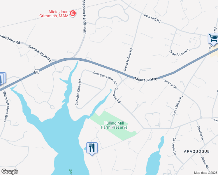 map of restaurants, bars, coffee shops, grocery stores, and more near 118 Georgica Close Road in East Hampton