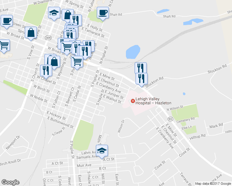 map of restaurants, bars, coffee shops, grocery stores, and more near 418 East Cranberry Avenue in Hazleton