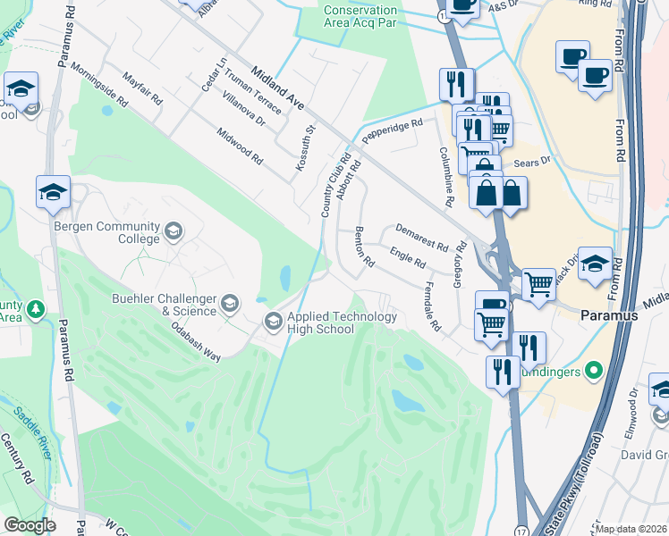 map of restaurants, bars, coffee shops, grocery stores, and more near 387 Abbott Road in Paramus
