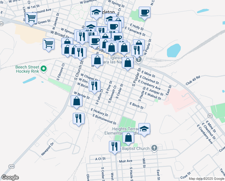 map of restaurants, bars, coffee shops, grocery stores, and more near 136 South Bennett Court in Hazleton