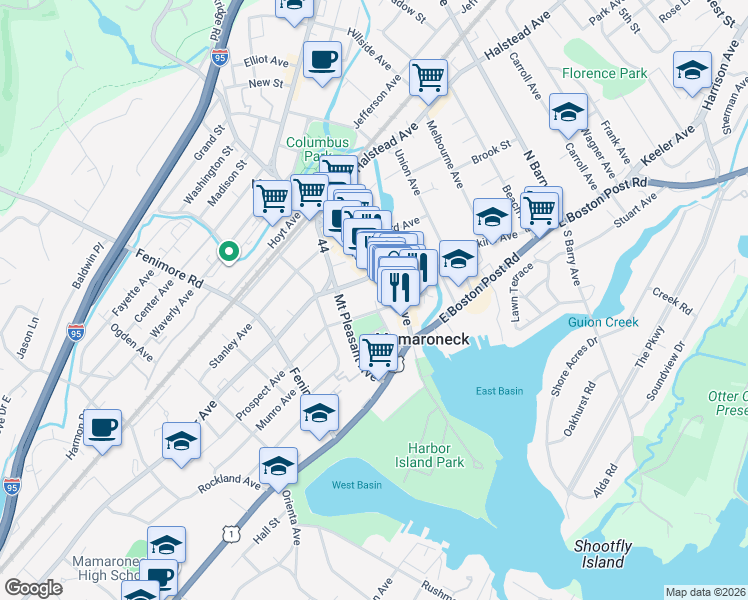 map of restaurants, bars, coffee shops, grocery stores, and more near 214 Mamaroneck Avenue in Mamaroneck