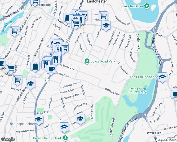 map of restaurants, bars, coffee shops, grocery stores, and more near 77 Tuckahoe Avenue in Eastchester