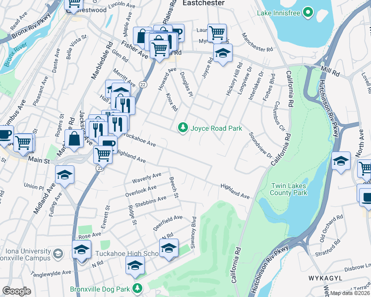 map of restaurants, bars, coffee shops, grocery stores, and more near 77 Tuckahoe Avenue in Eastchester