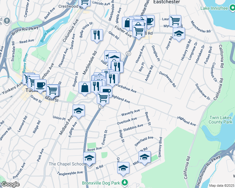 map of restaurants, bars, coffee shops, grocery stores, and more near 27 Highland Avenue in Eastchester
