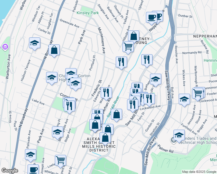map of restaurants, bars, coffee shops, grocery stores, and more near 217 Woodland Avenue in Yonkers