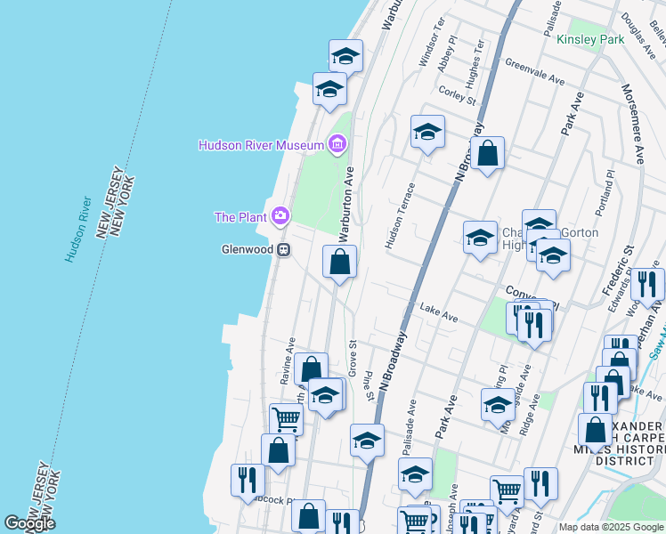 map of restaurants, bars, coffee shops, grocery stores, and more near 414 Warburton Avenue in Yonkers