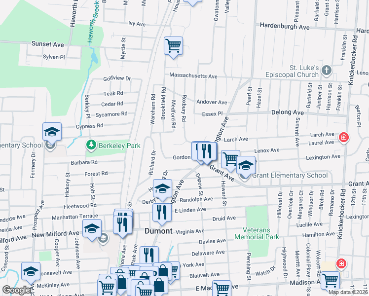 map of restaurants, bars, coffee shops, grocery stores, and more near 81 Wilkens Drive in Dumont