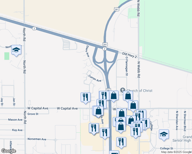 map of restaurants, bars, coffee shops, grocery stores, and more near Curran Ave in Grand Island