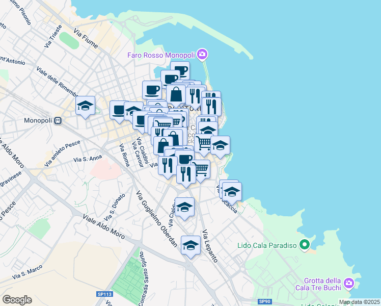 map of restaurants, bars, coffee shops, grocery stores, and more near 6 Via Levi in Monopoli