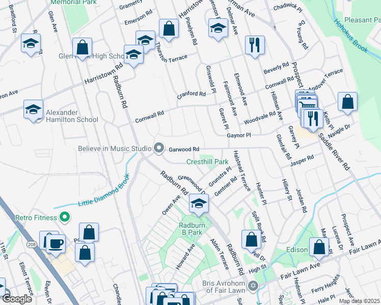 map of restaurants, bars, coffee shops, grocery stores, and more near 15 Greydanus Place in Fair Lawn