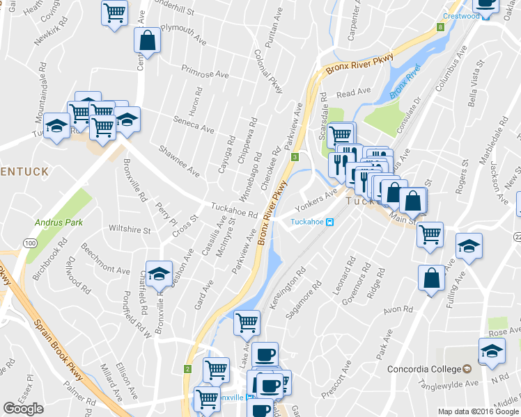 map of restaurants, bars, coffee shops, grocery stores, and more near 261 Parkview Avenue in Yonkers