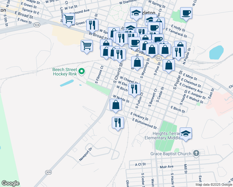 map of restaurants, bars, coffee shops, grocery stores, and more near 180 South Lee Court in Hazleton