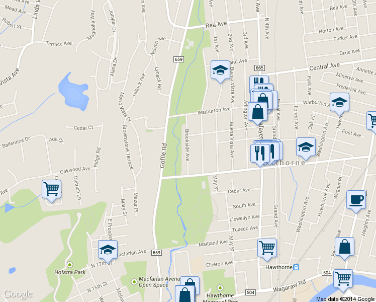 map of restaurants, bars, coffee shops, grocery stores, and more near 43 Brookside Avenue in Hawthorne