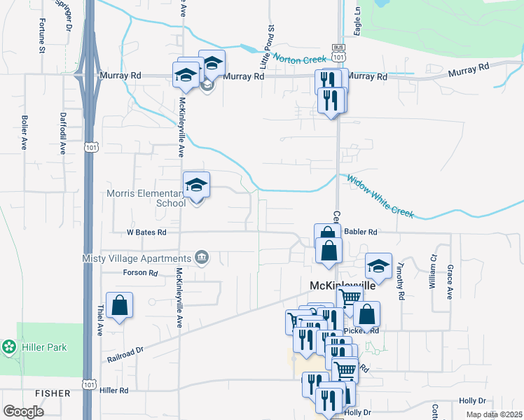 map of restaurants, bars, coffee shops, grocery stores, and more near 2454 Hawks View Court in McKinleyville