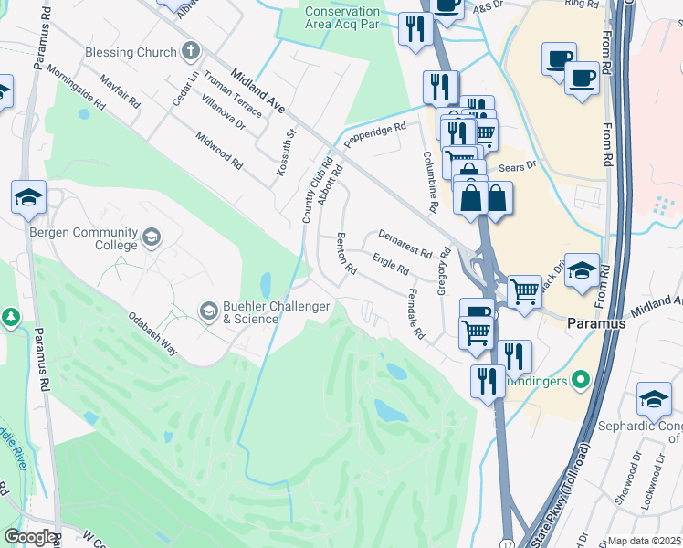 map of restaurants, bars, coffee shops, grocery stores, and more near 399 Island Road in Paramus
