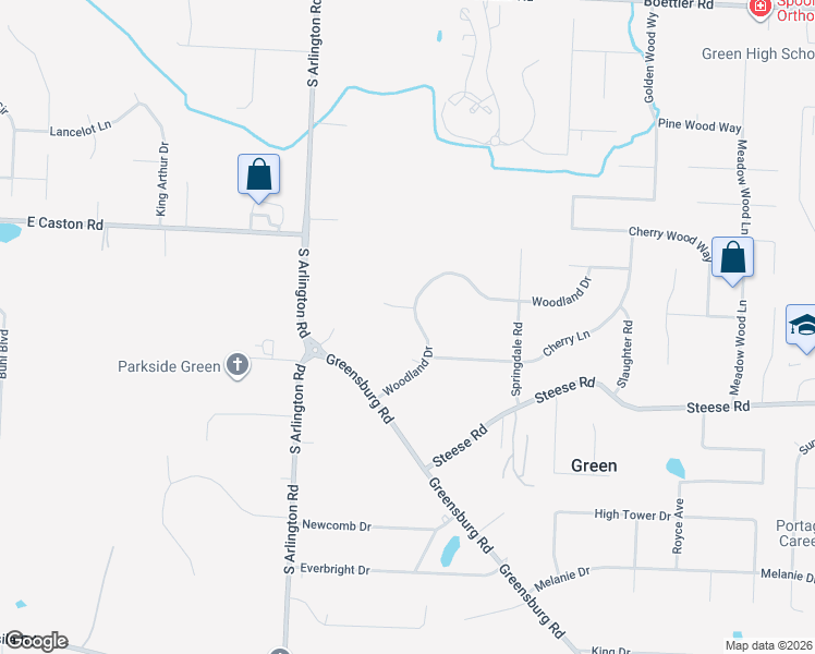 map of restaurants, bars, coffee shops, grocery stores, and more near 1275 Woodland Drive in Uniontown