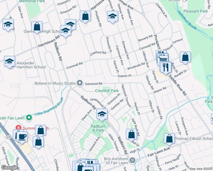 map of restaurants, bars, coffee shops, grocery stores, and more near 38 Garwood Road in Fair Lawn
