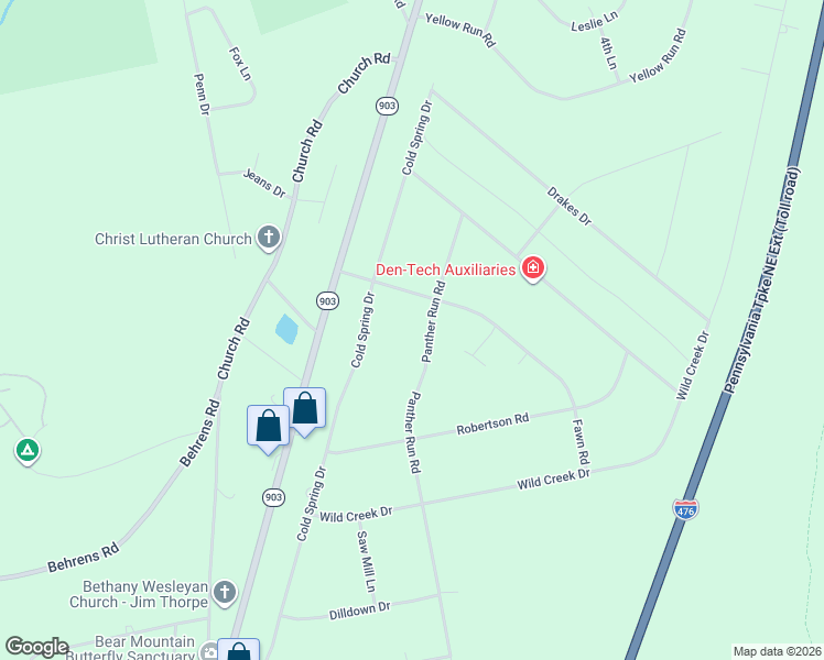 map of restaurants, bars, coffee shops, grocery stores, and more near 46 Panther Run Rd in Jim Thorpe