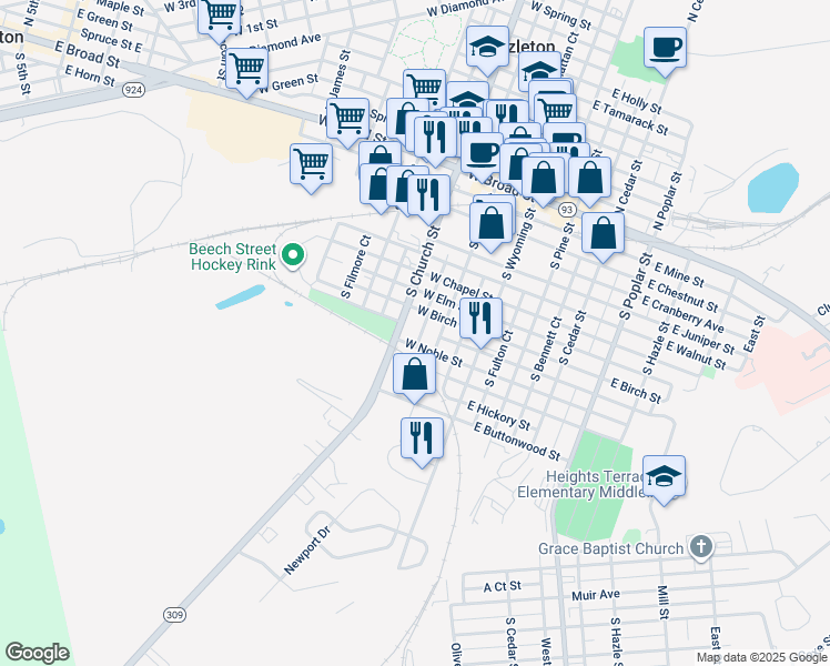 map of restaurants, bars, coffee shops, grocery stores, and more near 180 South Lee Court in Hazleton