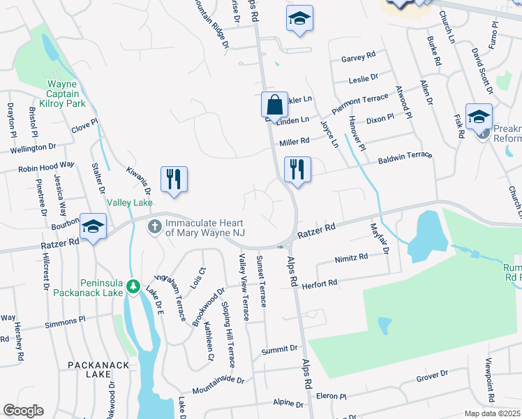 map of restaurants, bars, coffee shops, grocery stores, and more near 4 Forest Hill Drive in Wayne