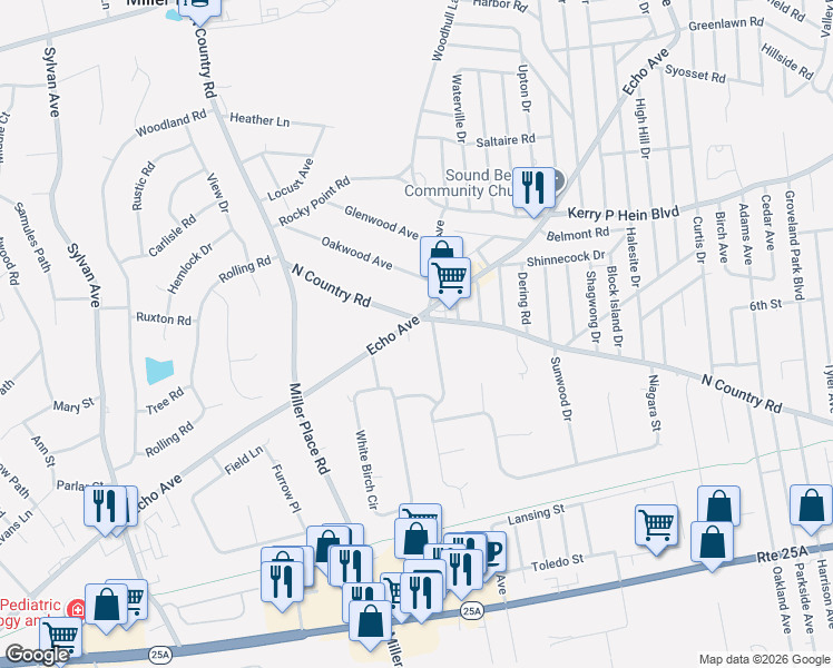 map of restaurants, bars, coffee shops, grocery stores, and more near 3 Queens Road in Miller Place