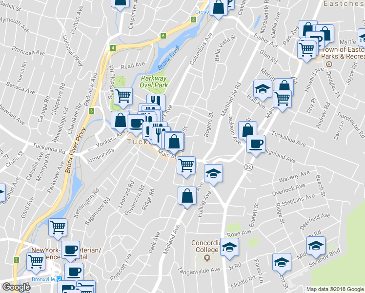 map of restaurants, bars, coffee shops, grocery stores, and more near 18 Wallace Street in Tuckahoe