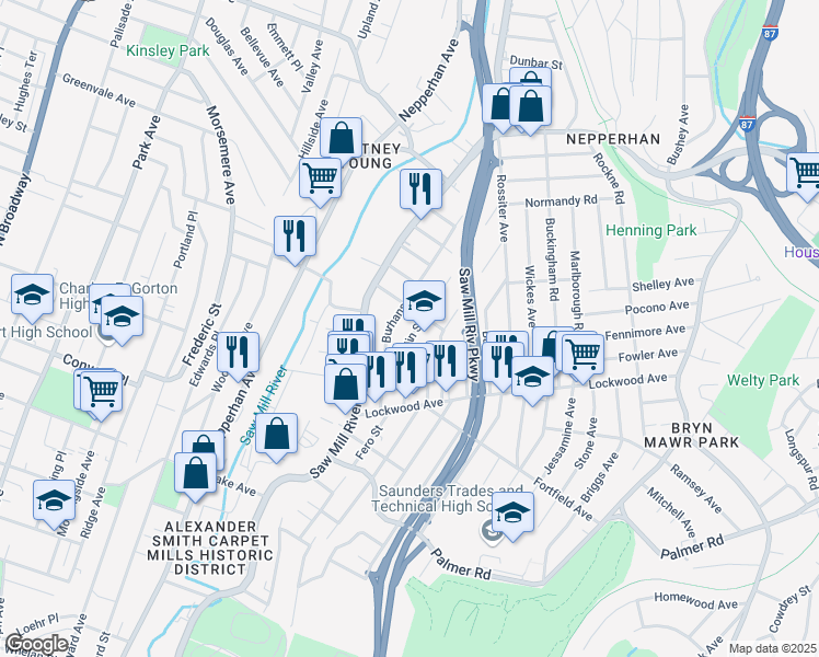 map of restaurants, bars, coffee shops, grocery stores, and more near 68 Burhans Avenue in Yonkers
