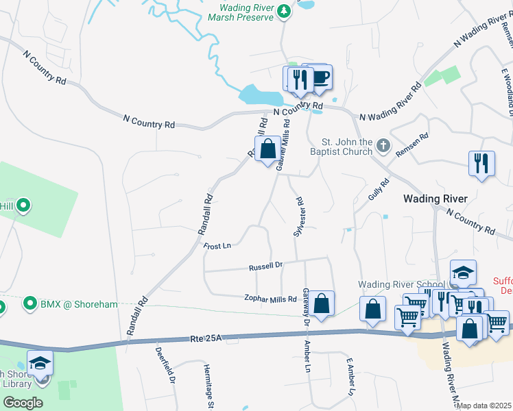 map of restaurants, bars, coffee shops, grocery stores, and more near 6 Gabriel Mills Road in Wading River