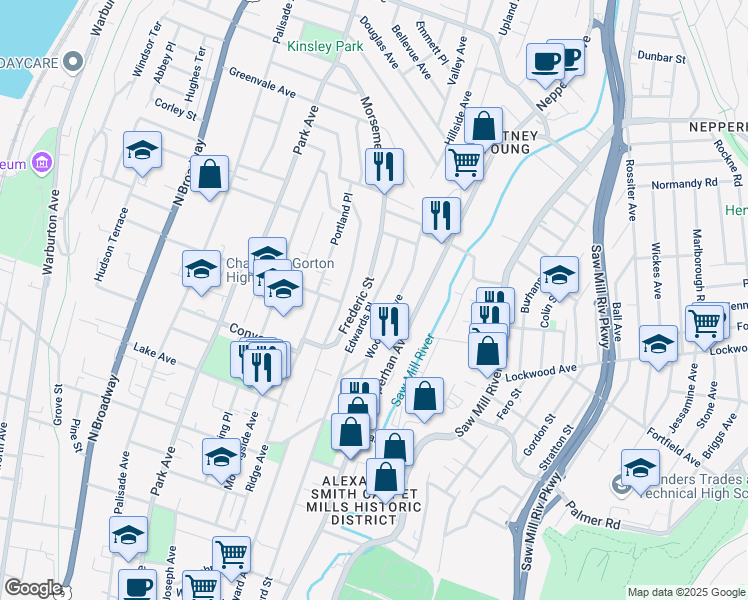 map of restaurants, bars, coffee shops, grocery stores, and more near 118 Frederic Street in Yonkers