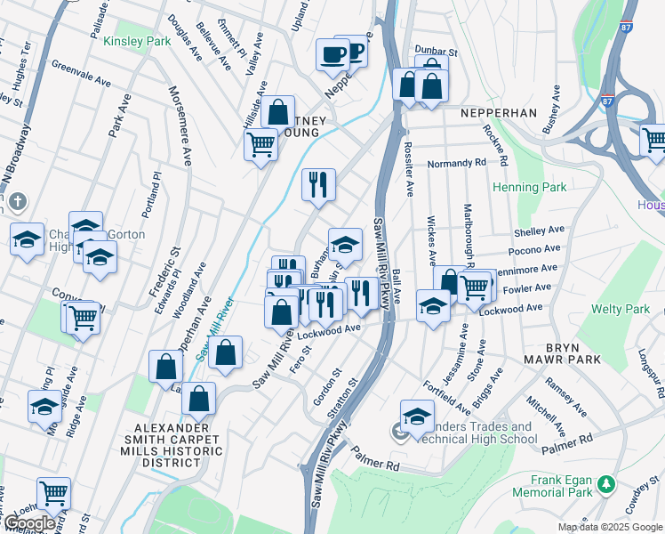 map of restaurants, bars, coffee shops, grocery stores, and more near 65 Colin Street in Yonkers
