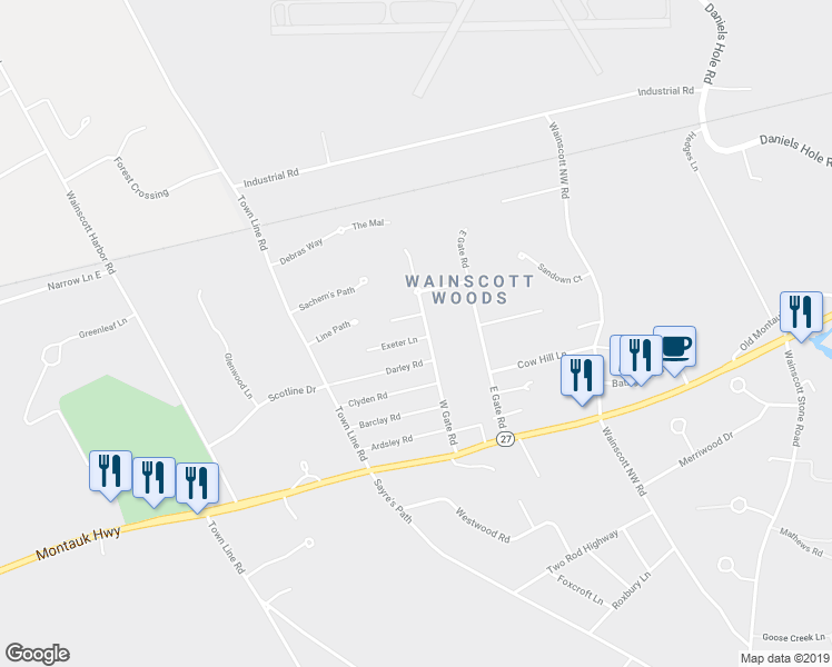 map of restaurants, bars, coffee shops, grocery stores, and more near 49 West Gate Road in Wainscott