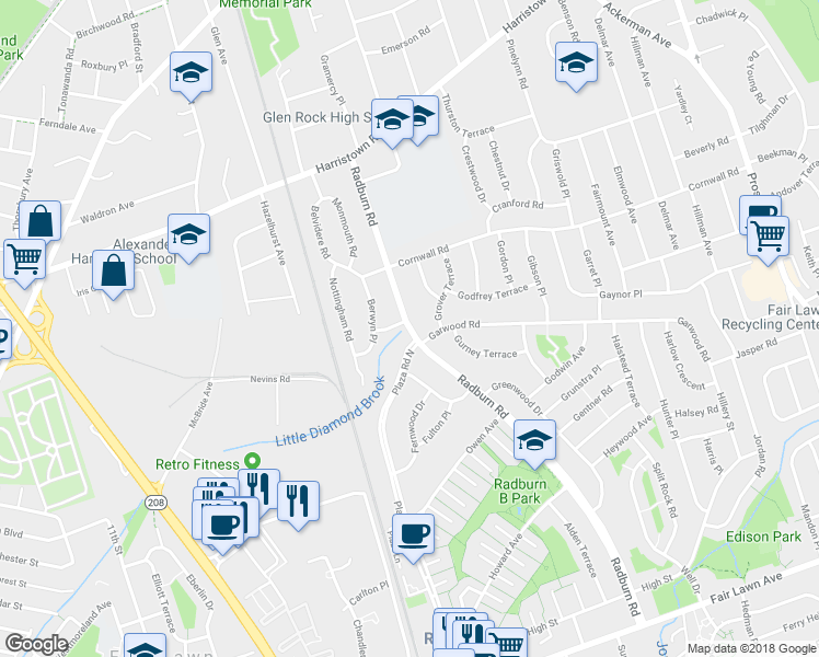 map of restaurants, bars, coffee shops, grocery stores, and more near Radburn Road in Glen Rock