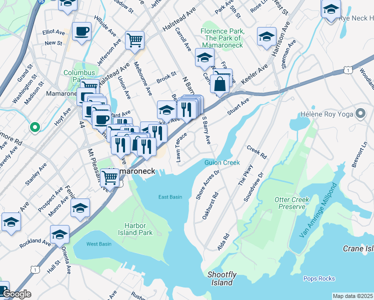 map of restaurants, bars, coffee shops, grocery stores, and more near 220 Harbor Hill Lane in Mamaroneck