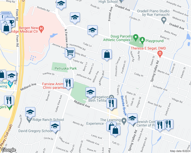 map of restaurants, bars, coffee shops, grocery stores, and more near 488 Wilson Avenue in Paramus