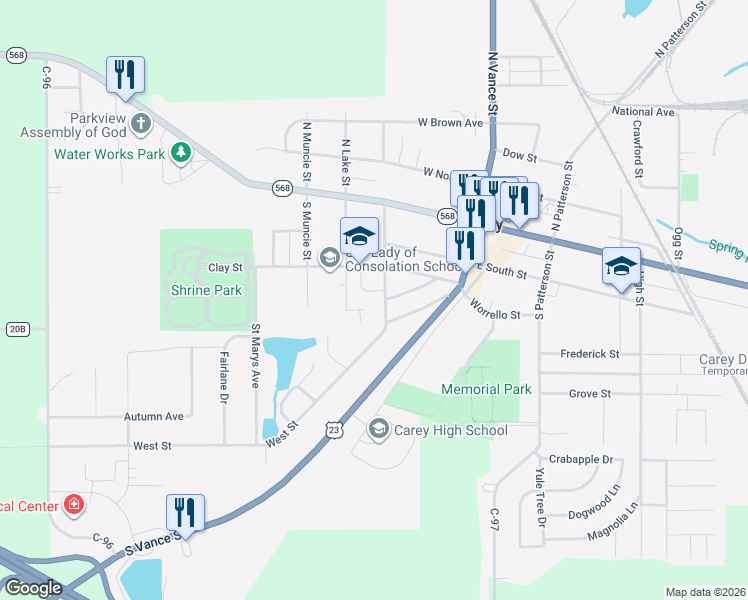 map of restaurants, bars, coffee shops, grocery stores, and more near 401 West Street in Carey
