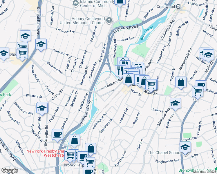 map of restaurants, bars, coffee shops, grocery stores, and more near 42 Yonkers Avenue in Tuckahoe