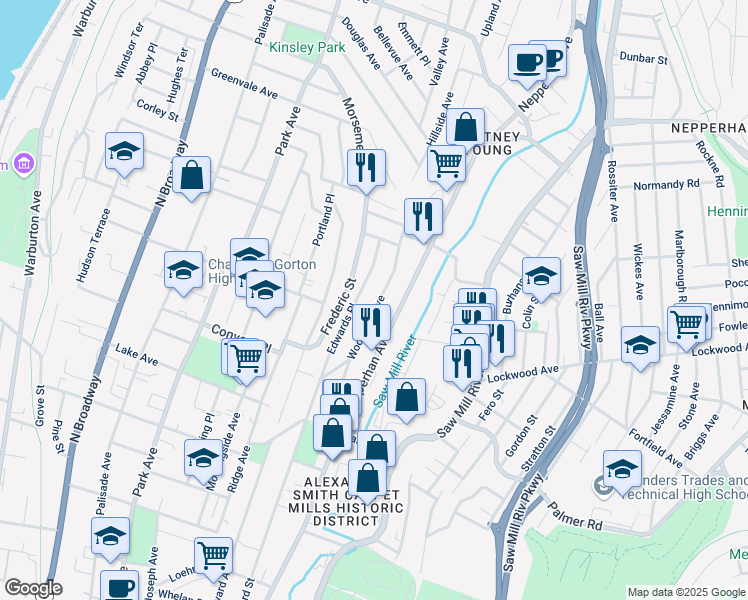 map of restaurants, bars, coffee shops, grocery stores, and more near 217 Woodland Avenue in Yonkers
